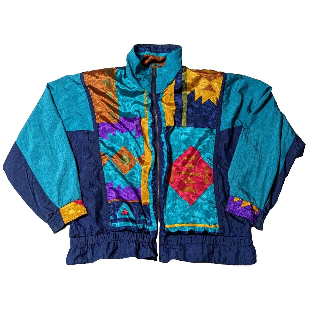 VTG 80's‎ WINTERSET Women Large Teal Nylon Geo Patchwork Design Windbreaker
